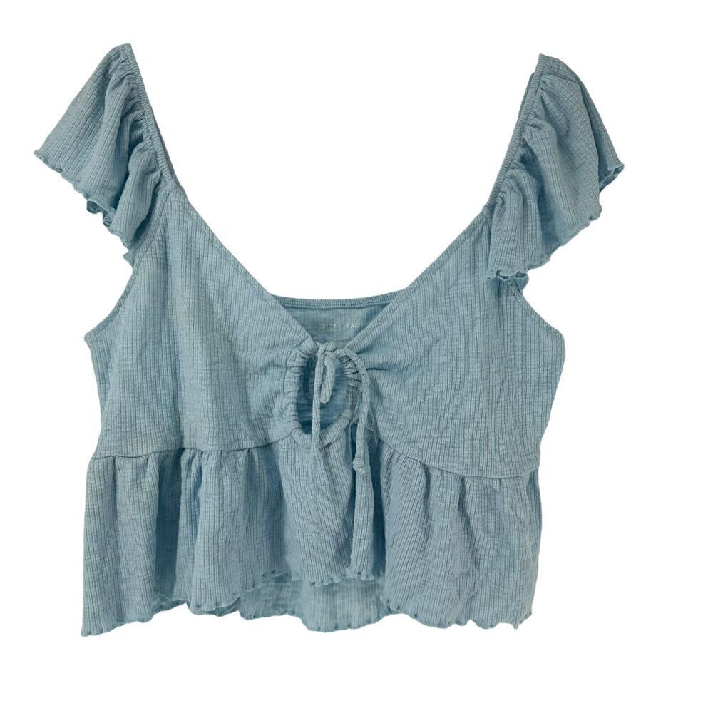 American Eagle Ribbed Crop Top Blue Flutter Sleeves Size XL Keyhole Tie Chest - Picture 1 of 6